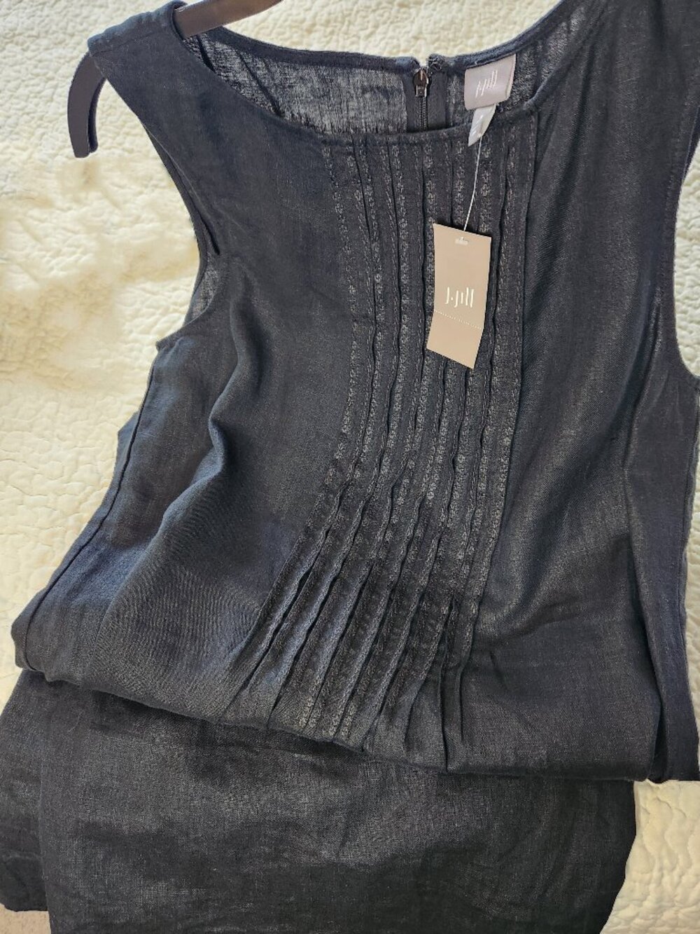 J Jill Sleeveless Black 100% Linen Dress Embroidered Pintucked front